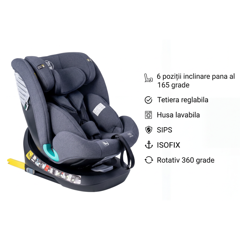 Scaun Auto Saphir DELUXE BUF BOOF iSIZE Grey cu Isofix pozitie somn 165 grade rotativ 360 grade 40-150 cm