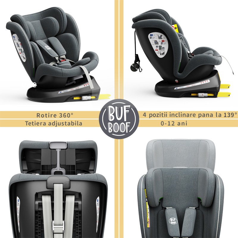 Scaun Auto TWT Plus DELUXE BUF BOOF iSIZE Grey cu Isofix rotativ 360 grade 40-150 cm