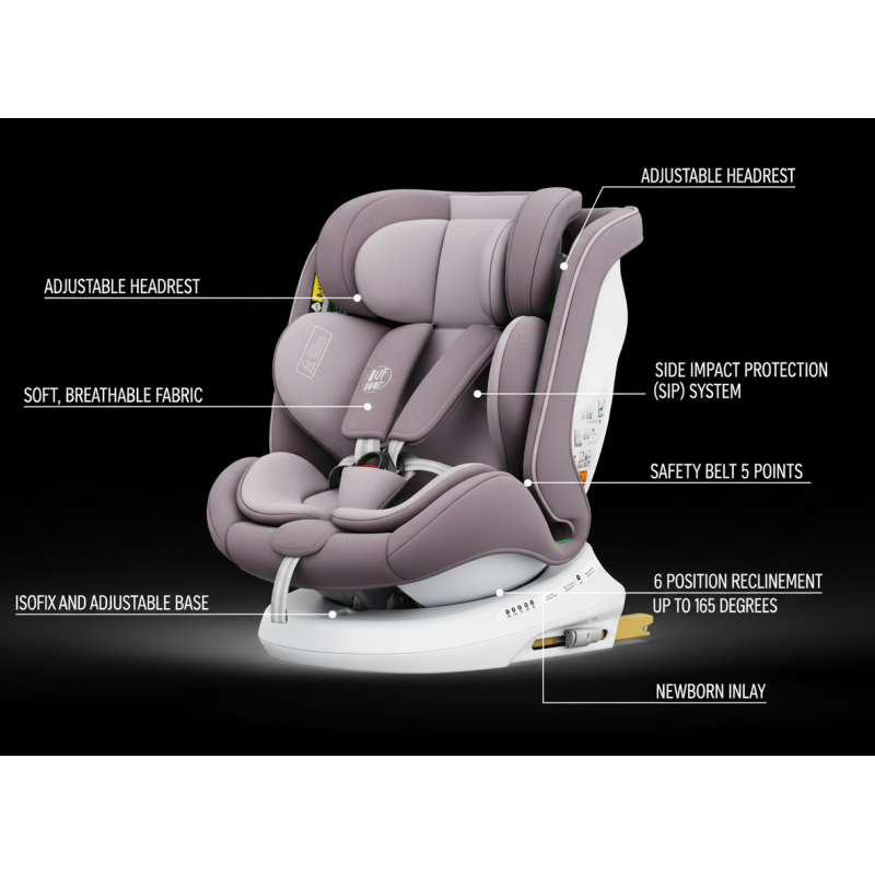 BUF BOOF® Scaun Auto P100 i-Size R129 Rotativ 360° ISOFIX 40–150 cm (0–36 kg) LightPurple