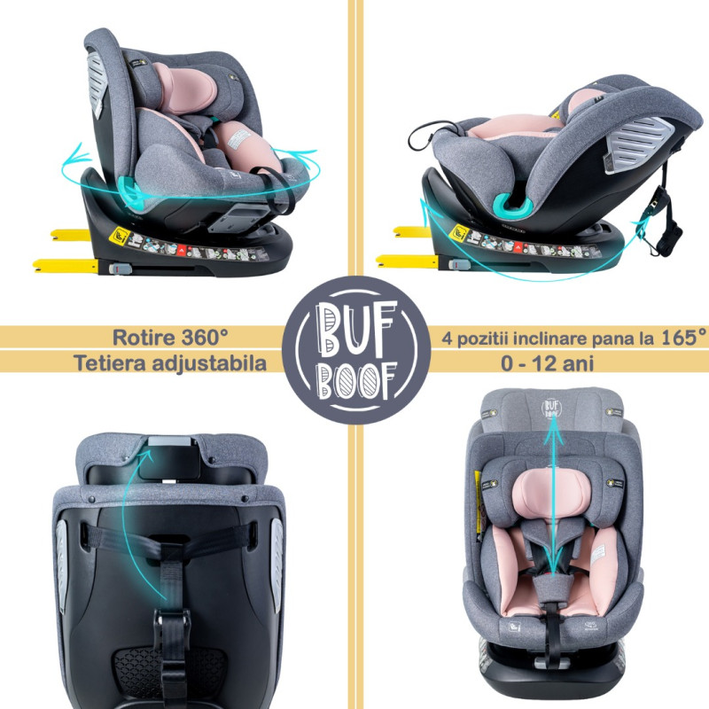 Scaun Auto Saphir DELUXE BUF BOOF iSIZE Pink cu Isofix pozitie somn 165 grade rotativ 360 grade 40-150 cm