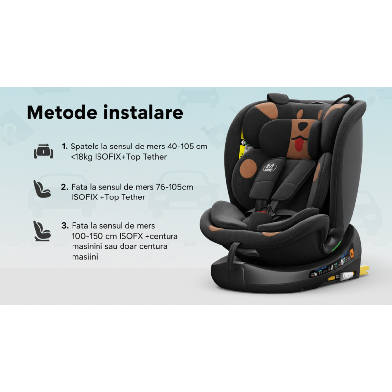 BUF BOOF® B-Joy DELUXE i-Size 40–150 cm Scaun Auto Copii, ISOFIX, Rotativ 360°, Reclinare 155°, Poziție Somn, BlackDOG
