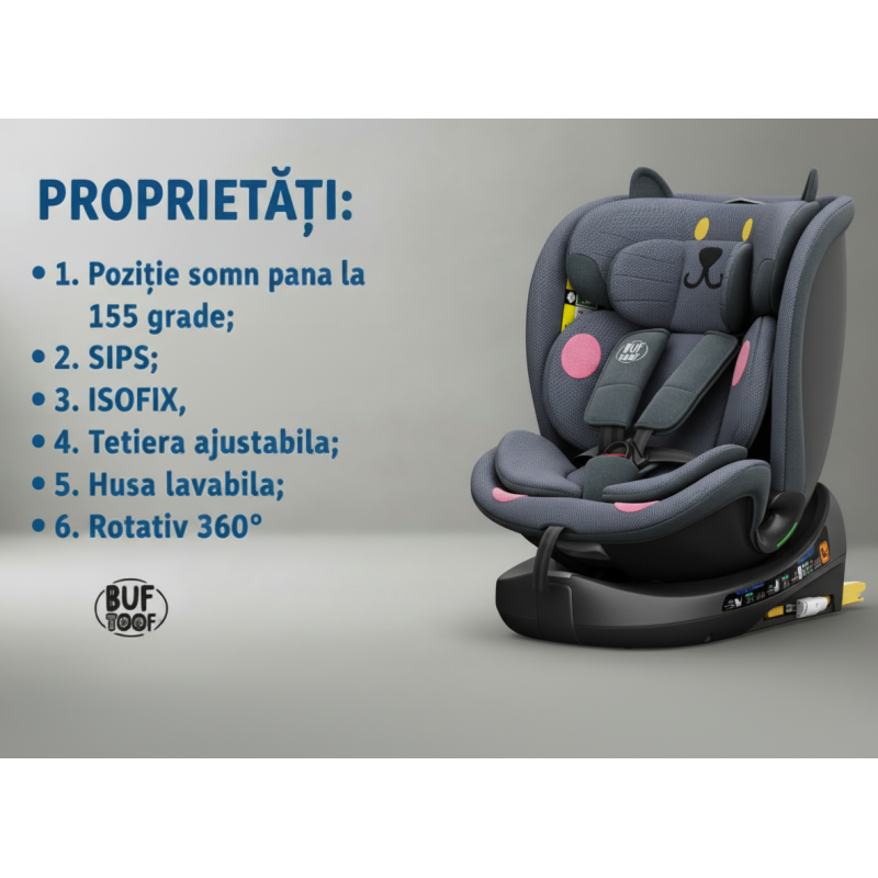 BUF BOOF® B-Joy DELUXE i-Size 40–150 cm Scaun Auto Copii, ISOFIX, Rotativ 360°, Reclinare 155°, Poziție Somn, DarkGreyCAT