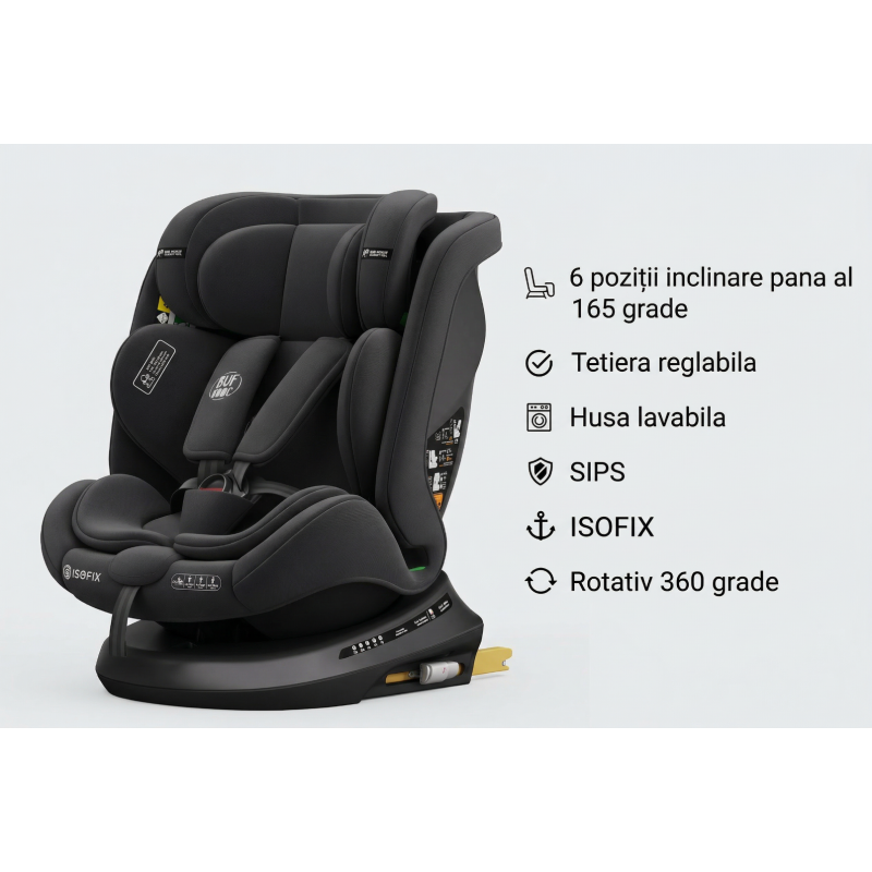 BUF BOOF® Scaun Auto P100 i-Size R129 Rotativ 360° ISOFIX 40–150 cm (0–36 kg) BlackJeans