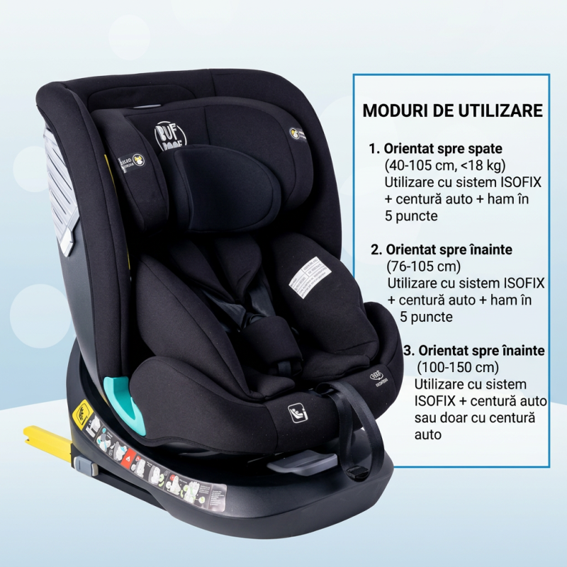 Scaun auto rotativ 360° BUF BOOF® Saphir DELUXE i-Size ISOFIX, poziție somn 165°, R129, 40–150 cm (0–36 kg)