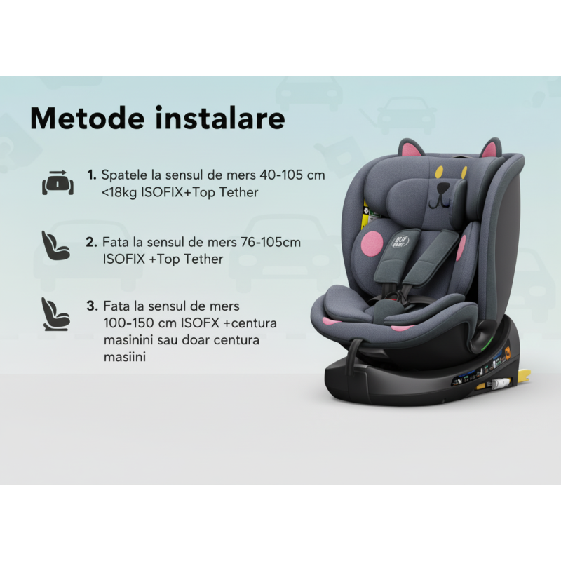 BUF BOOF® B-Joy DELUXE i-Size 40–150 cm Scaun Auto Copii, ISOFIX, Rotativ 360°, Reclinare 155°, Poziție Somn, DarkGreyCAT