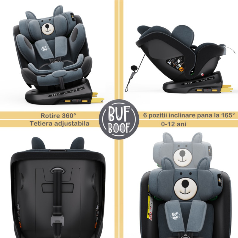 BUF BOOF® Scaun Auto P100 i-Size R129 Rotativ 360° ISOFIX 40–150 cm (0–36 kg) UrsBlack