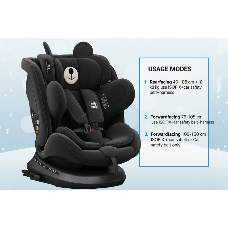 BUF BOOF® Scaun Auto P100 i-Size R129 Rotativ 360° ISOFIX 40–150 cm (0–36 kg) BlackJeans