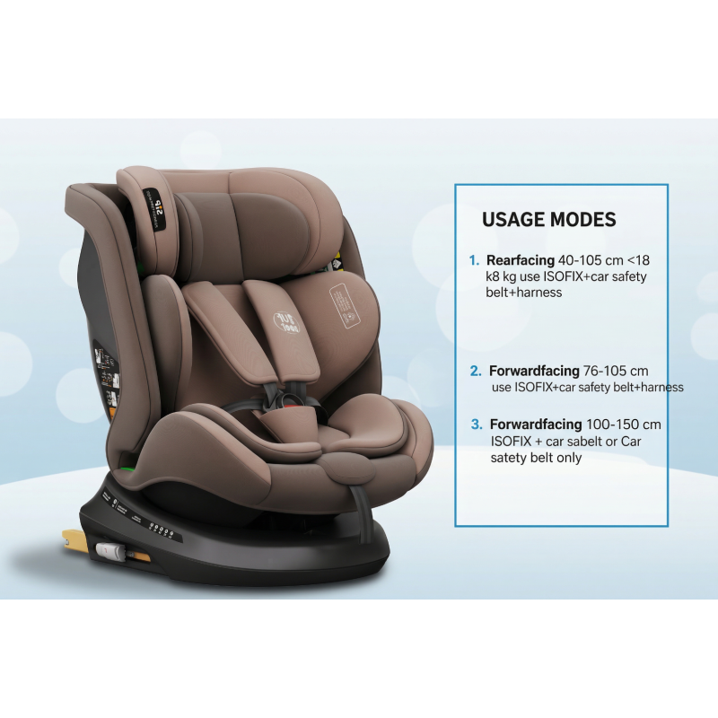 BUF BOOF® Scaun Auto P100 i-Size R129 Rotativ 360° ISOFIX 40–150 cm (0–36 kg) Coffee