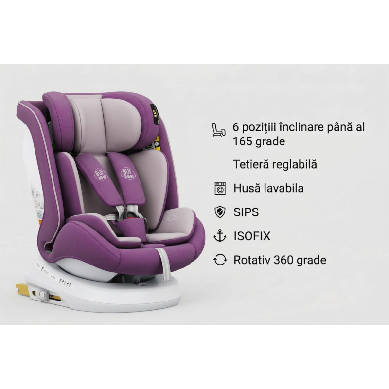 Scaun Auto P100 BUF BOOF iSIZE Purple cu Isofix rotativ 360 grade 40-150 cm