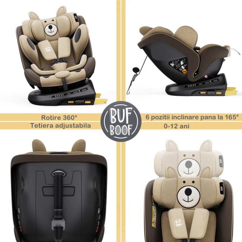 BUF BOOF® Scaun Auto P100 i-Size R129 Rotativ 360° ISOFIX 40–150 cm (0–36 kg) UrsCoffee