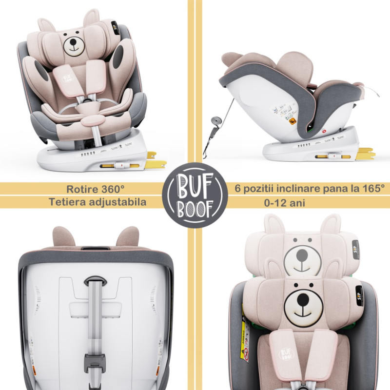 BUF BOOF® Scaun Auto P100 i-Size R129 Rotativ 360° ISOFIX 40–150 cm (0–36 kg) UrsPink