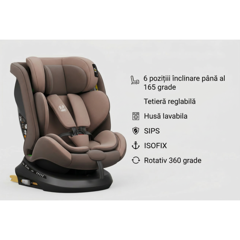 BUF BOOF® Scaun Auto P100 i-Size R129 Rotativ 360° ISOFIX 40–150 cm (0–36 kg) Coffee