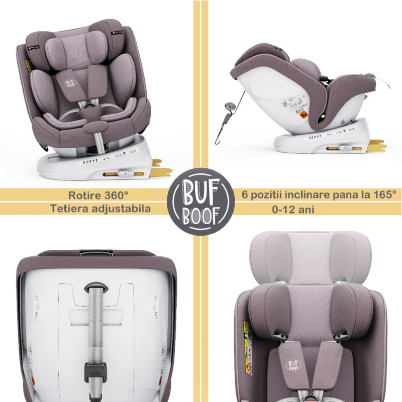 BUF BOOF® Scaun Auto P100 i-Size R129 Rotativ 360° ISOFIX 40–150 cm (0–36 kg) LightPurple