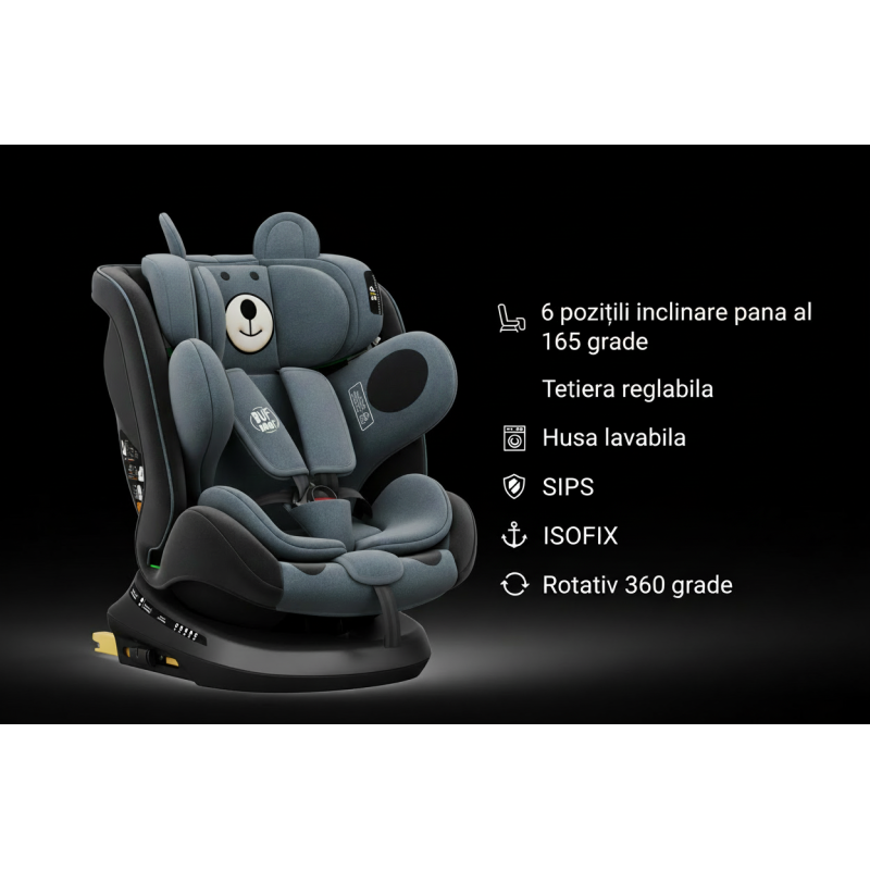 BUF BOOF® Scaun Auto P100 i-Size R129 Rotativ 360° ISOFIX 40–150 cm (0–36 kg) UrsBlack
