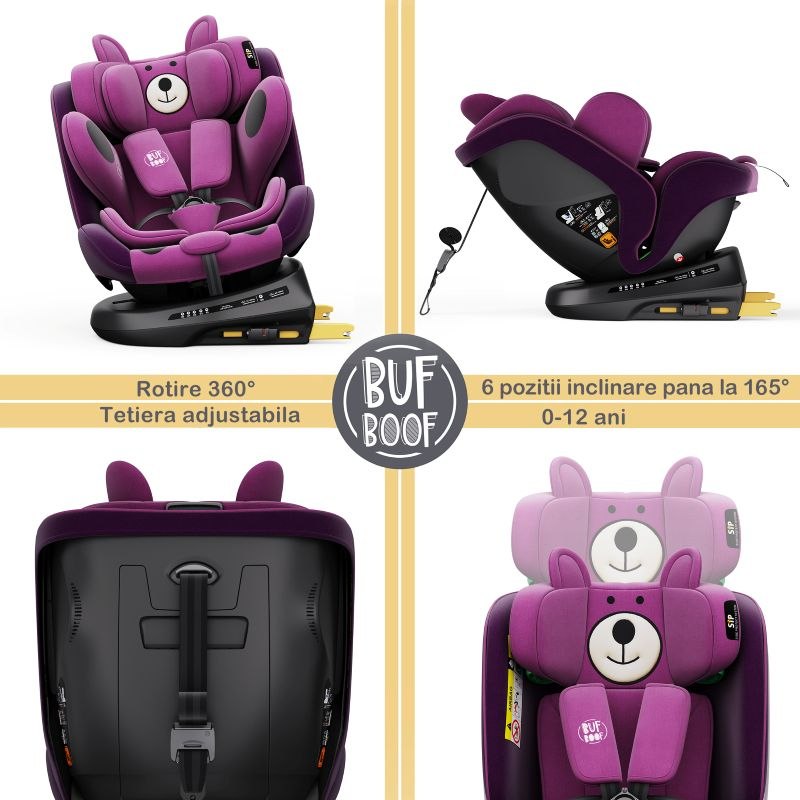 BUF BOOF® Scaun Auto P100 i-Size R129 Rotativ 360° ISOFIX 40–150 cm (0–36 kg) UrsPurple