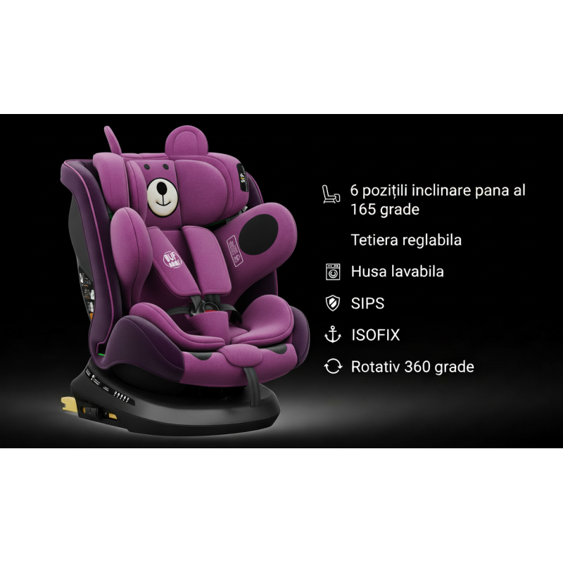 BUF BOOF® Scaun Auto P100 i-Size R129 Rotativ 360° ISOFIX 40–150 cm (0–36 kg) UrsPurple