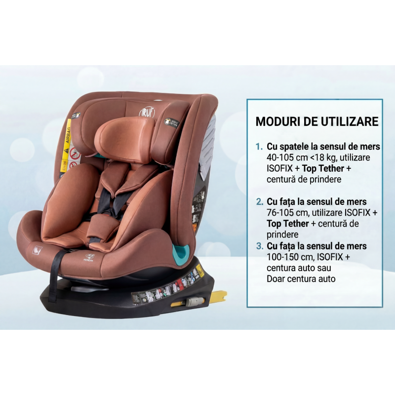 Scaun Auto Saphir DELUXE BUF BOOF iSIZE Coffee cu Isofix pozitie somn 165 grade rotativ 360 grade 40-150 cm