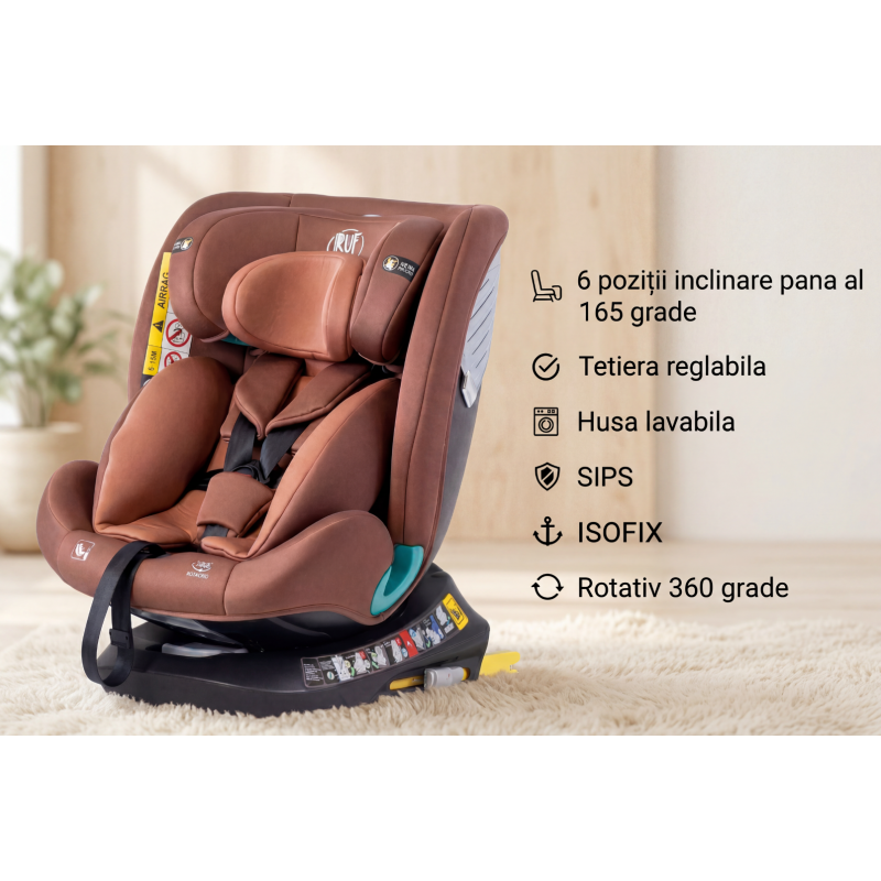 Scaun Auto Saphir DELUXE BUF BOOF iSIZE Coffee cu Isofix pozitie somn 165 grade rotativ 360 grade 40-150 cm
