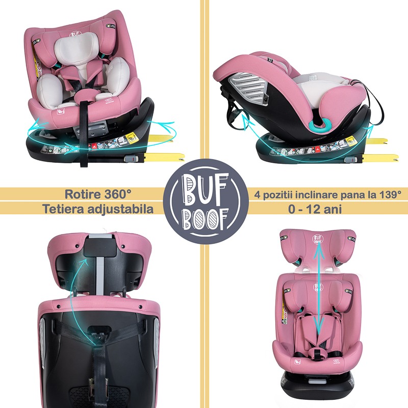 Scaun Auto Saphir DELUXE BUF BOOF iSIZE Purple cu Isofix pozitie somn 165 grade rotativ 360 grade 40-150 cm