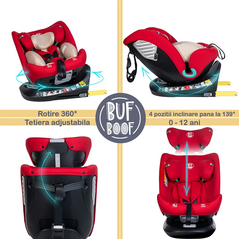 Scaun Auto Saphir DELUXE BUF BOOF iSIZE Red cu Isofix pozitie somn 165 grade rotativ 360 grade 40-150 cm