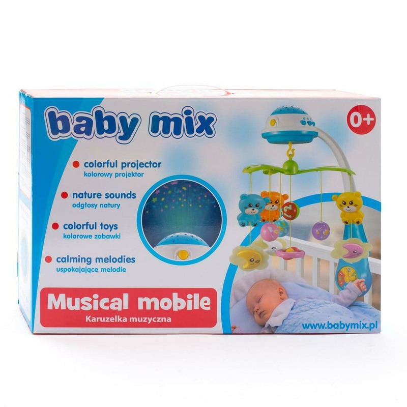 Carusel muzical pentru patut bebelusi Cu proiectii Cu melodii si sunete ale naturii Cu 10 jucarii si ceas de jucarie pe suport Baby Mix Mint