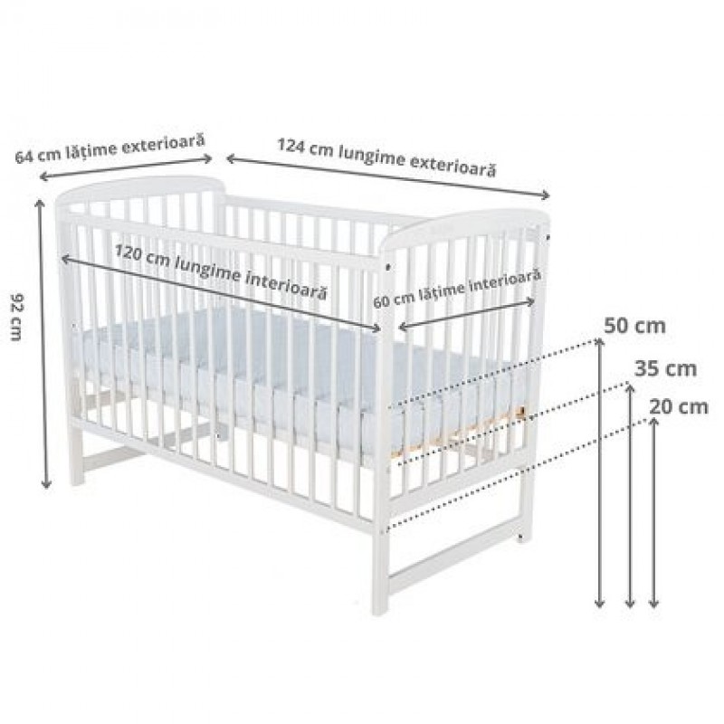 Patut din lemn BabyNeeds Ola 120 60 cm Alb plus Saltea 8 cm
