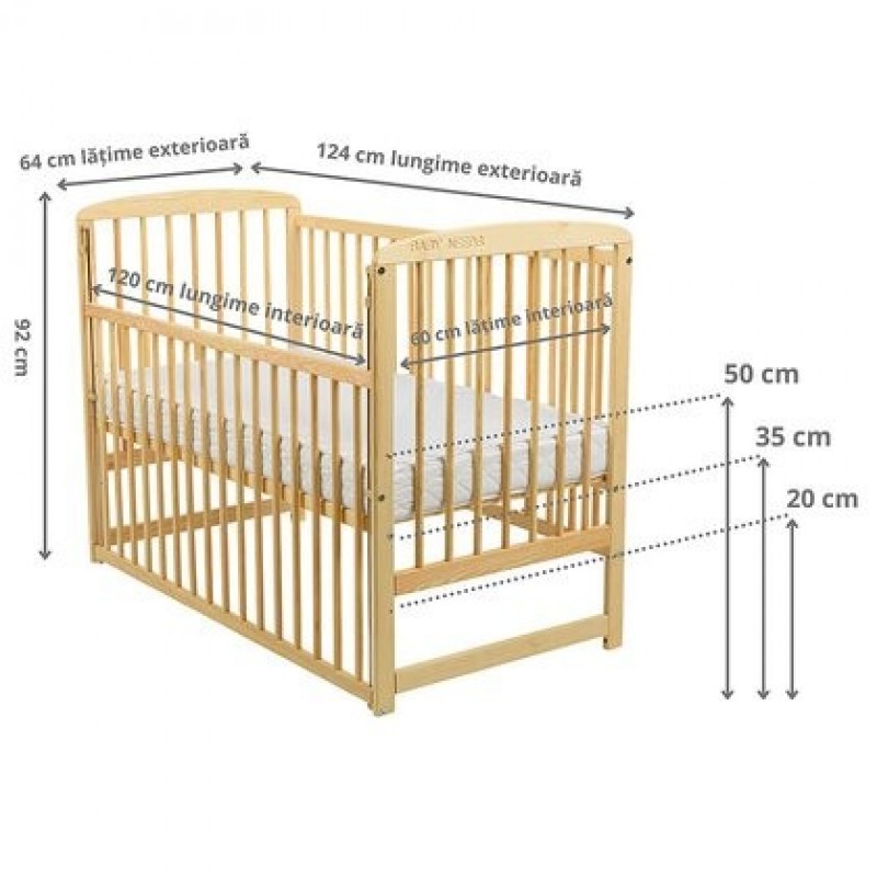 BabyNeeds Patut din lemn Ola 120x60 cm cu laterala culisanta Natur Saltea 12 cm