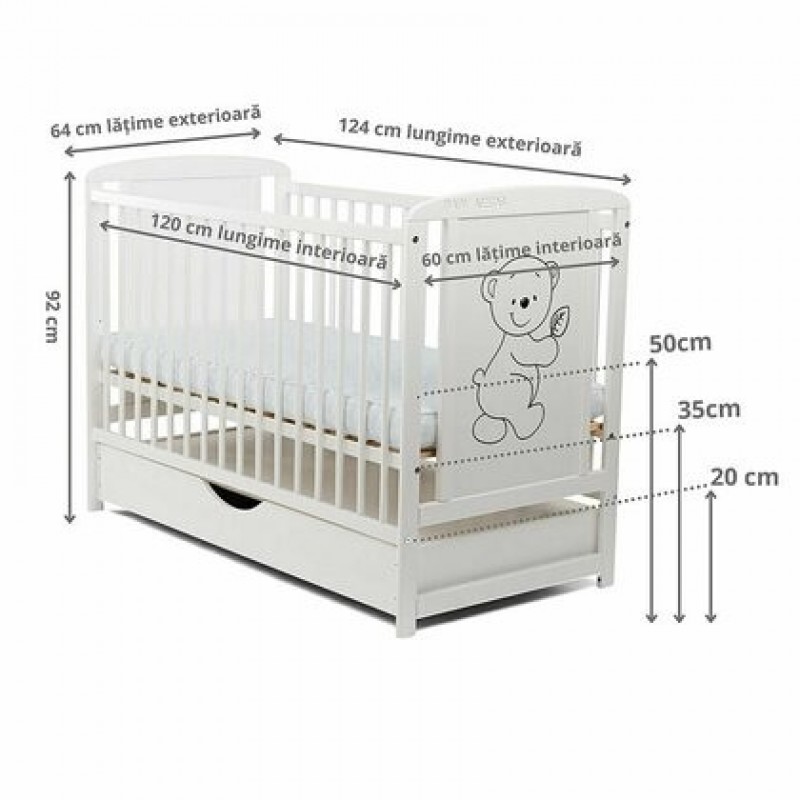 BabyNeeds Patut din lemn Timmi 120x60 cm cu sertar Alb Saltea 12 cm