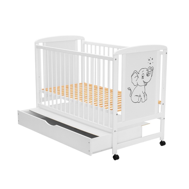 Patut din lemn Timmi Elephant 120x60 cm Cu sertar Din lemn de pin si mdf Inaltime saltea reglabila pe 3 nivele Laterala cu 3 bete detasabile Alb Saltea 12 cm Qmini