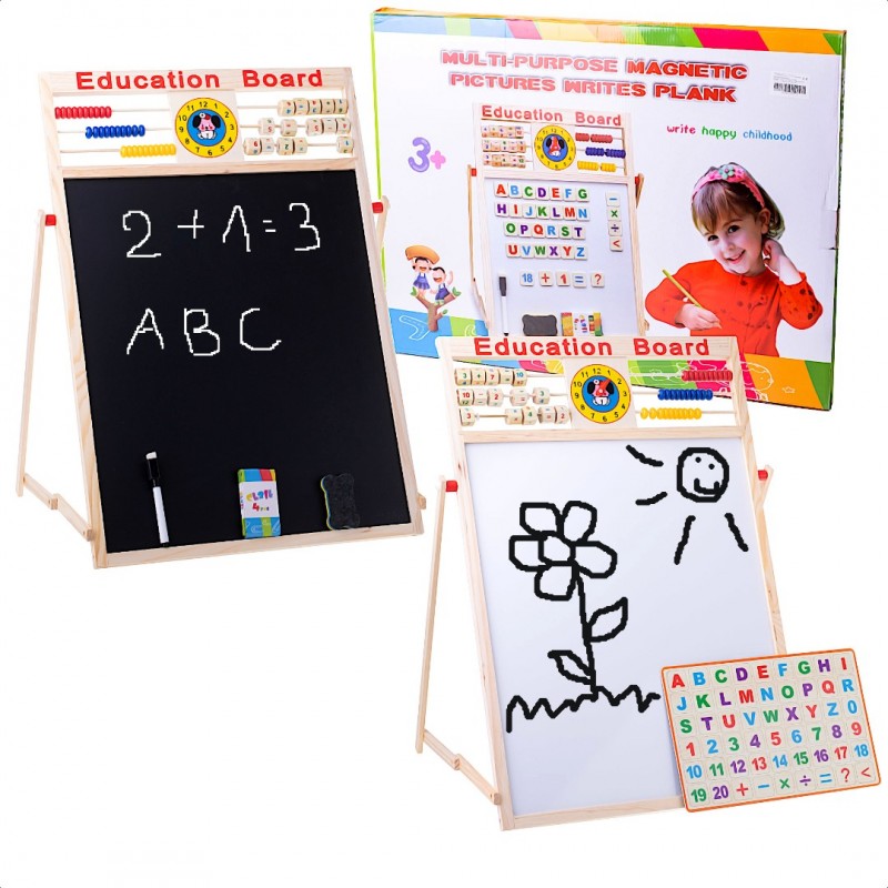 TABLITA 4 IN 1 PENTRU CRETA MARKER SAU MAGNETI CU ABAC SI CEAS 63 X 47 CM Wooden Toys
