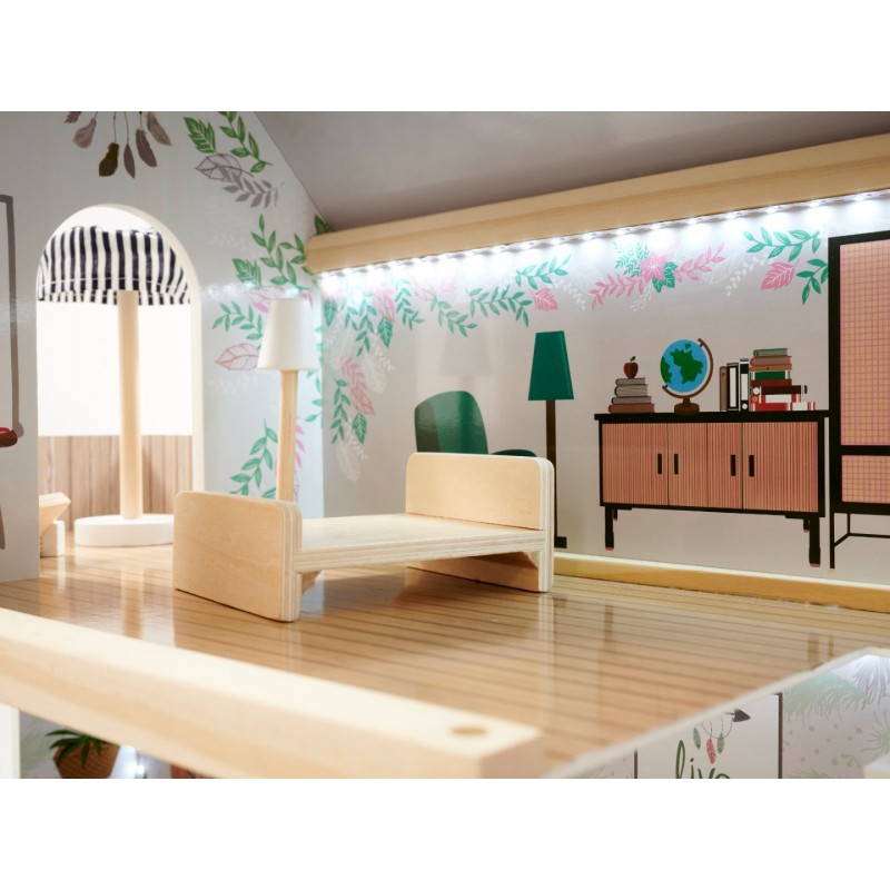 CASUTA PENTRU PAPUSI LULILO 78 CM CU LED DIN LEMN FLORO BOHO PLUS MOBILIER Wooden Toys