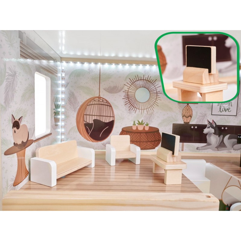 CASUTA PENTRU PAPUSI LULILO 78 CM CU LED DIN LEMN FLORO BOHO PLUS MOBILIER Wooden Toys