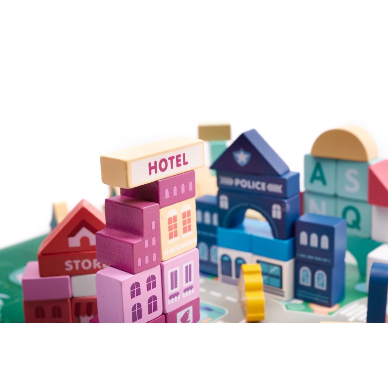SET CUBURI LEMN EDUCATIVE PUZZLE ORAS 100 BUC 55 42 CM Wooden Toys