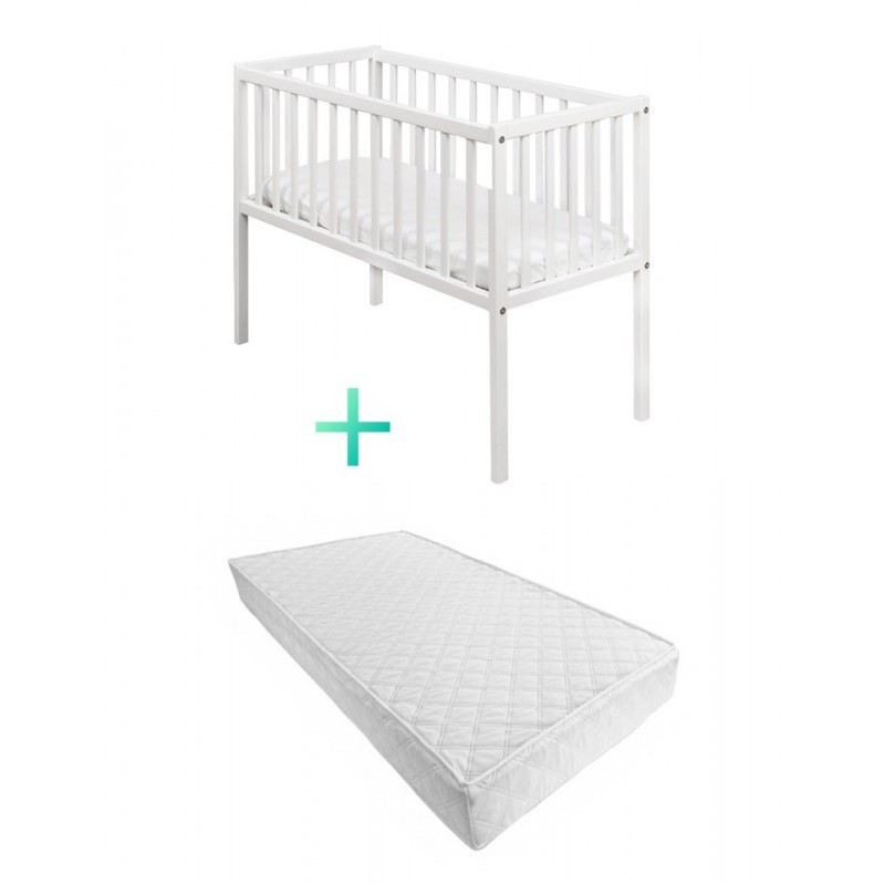 Crib Patut Mic 90 x 40 cm Alb Din Lemn Masiv plus Saltea Confort II 90 cm x 40 cm x 8 cm Set Woodies Dream 