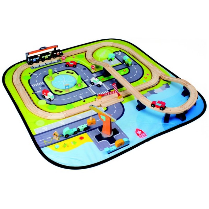 Circuit din lemn cu trenulet si masinute Giant City pentru copii