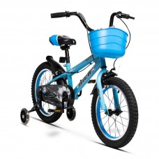 Bicicleta Copii 4 6 ani Rich Baby R1607A Roti 16 Inch C Brake Roti Ajutatoare cu LED Cadru Albastru cu Design Alb